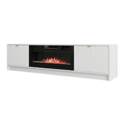 Tireno White Velvet Electric Fireplace Tv Cabinet With Fluted Fronts Modern Mdf Media Storage Unit For Living Room - thumbnail 2