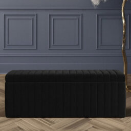 150Cm Wide Lux Ottoman Storage Box, Black Velvet Upholstered Full Striped Storage Ottoman Box
