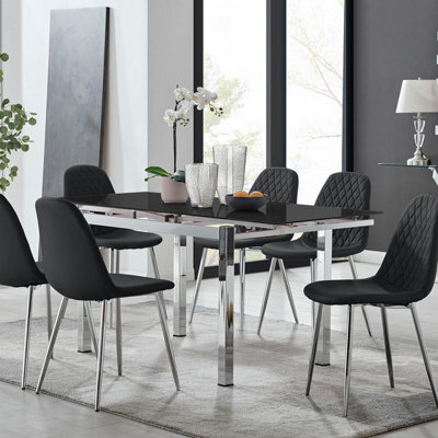 Furniturebox Uk Enna Black Glass Extending Dining Table And 6 Black Corona Silver Leg Chairs - image 1