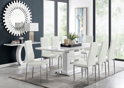 Furniturebox Arezzo White High Gloss Extending Dining Table & 8 White Milan Faux Leather Dining Chairs - image 1