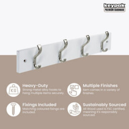 Keypak Wall-Mounted Coat Rack - 4 Hooks On Modern Wooden Base For Wall & Door - 38Cm (Satin Nickel/white) - thumbnail 2