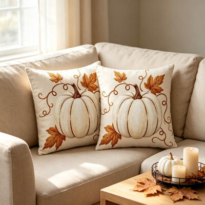 Amorly 2 Pack Fall Cushion Cases, 2D Flat Printed White Pumpkin With Maple Leaf Vines, Pillow Cover Only, Home Ornament For Living Room - image 1