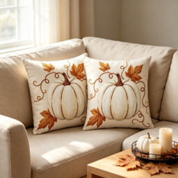 Amorly 2 Pack Fall Cushion Cases, 2D Flat Printed White Pumpkin With Maple Leaf Vines, Pillow Cover Only, Home Ornament For Living Room - thumbnail 2