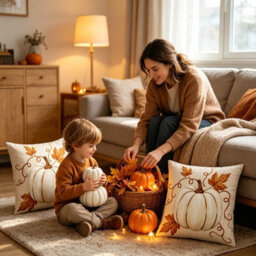 Amorly 2 Pack Fall Cushion Cases, 2D Flat Printed White Pumpkin With Maple Leaf Vines, Pillow Cover Only, Home Ornament For Living Room - thumbnail 5
