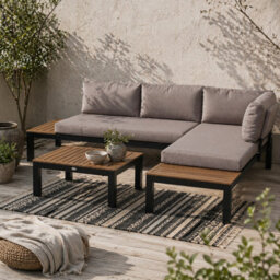 Wyld Haus Maha 3-Piece Corner Garden Sofa Set - 2-Seater, Chaise, Square Coffee Table, Yellow & Grey - thumbnail 1