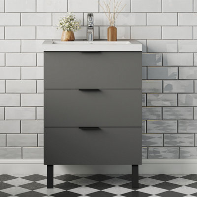 Probaty Bathrooms Vanity Unit Matte Anthracite Mdf,600X385X850mm,wall Mounted,3 Drawer With Artificial Stone Arc Basin - image 1