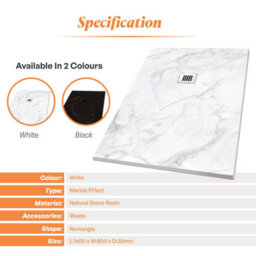 Plum&clay Pia Rectangle White Marble Effect Shower Tray (L)1400mm (W)800mm (H)25mm - thumbnail 6