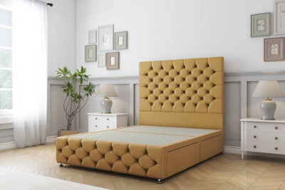 "Sloomy Watson Mustard Plush Divan Bed No Drawers-26"" Strutted Headboard & 12"" Footboard 3' Single" - image 1