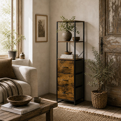 Wyld Haus Rana Rustic Brown And Black Metal Tall Unit With 2 Shelves And 3 Fabric Drawers - image 1