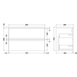 Hudson Reed Urban Satin Grey Wall Hung 2 Drawer Vanity Unit And Laminate Worktop With Silent Close, 522 X 805 X 390 - thumbnail 2