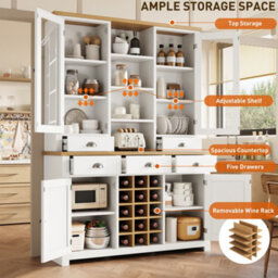 Abrihome Kitchen Pantry Cabinet With Wine Rack, 185Cm Tall Storage Cabinet With Glass Doors, 5 Drawers & Adjustable Shelves, White - thumbnail 4