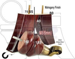 L&F Mahogany Furniture Legs Wood Replacement Feet 2 With Antique Brass Castors 140mm High 2 Curved Feet Chair Sofa M8 - thumbnail 2