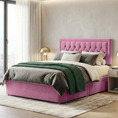 Adore Designs Diamond Cut Plush Velvet Divan Bed, Headboard - 6Ft Super King - Pink - 2 Drawers Foot End - image 1