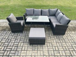 Fimous High Back Outdoor Garden Furniture Set Rattan Corner Sofa Dining Table Set With Armchair Big Footstool - thumbnail 2