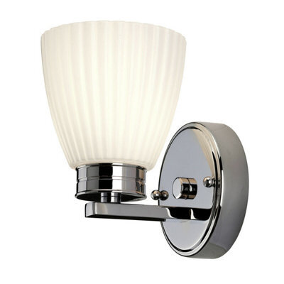Stylish Ip44 Wall Light With Ribbed Opaque Glass Shade And Polished Chrome Finish