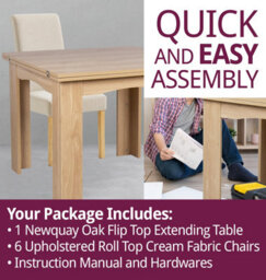 Hallowood Furniture Newquay Oak Flip Top Extending Table With 6 Upholstered Roll Top Dining Chairs In Cream Fabric - thumbnail 7