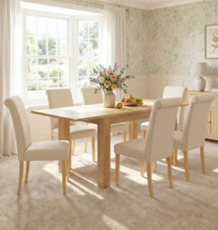 Hallowood Furniture Newquay Oak Flip Top Extending Table With 6 Upholstered Roll Top Dining Chairs In Cream Fabric