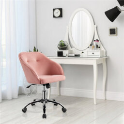 Yaheetech Height Adjustable Swivel Desk Chair With Castors And Armrests - Pink / Velvet - thumbnail 2