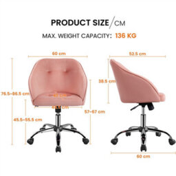 Yaheetech Height Adjustable Swivel Desk Chair With Castors And Armrests - Pink / Velvet - thumbnail 3