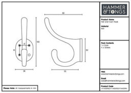 Hammer and Tongs Hammer & Tongs Hat & Coat Hook - W40mm X H105mm - Black - thumbnail 4