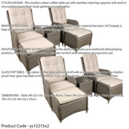 Loops 6Pc Garden Reclining Bistro Set - Rattan Wicker - Outdoor Chairs & Coffee Table - thumbnail 2