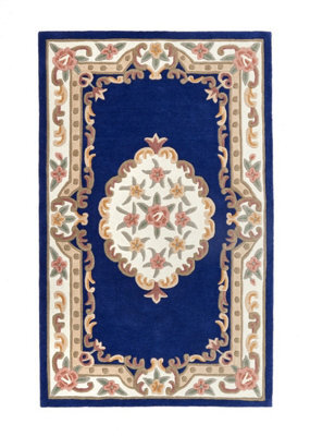 Navy Traditional Rug, Handmade Rug With 25mm Thickness, Navy Floral Rug For Living Room, & Dining Room-75Cm X 150Cm - image 1
