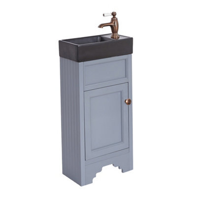Homestylestore Light Grey 400mm Bathroom Vanity Unit With Black Basin And Aged Bronze Round Handles - image 1