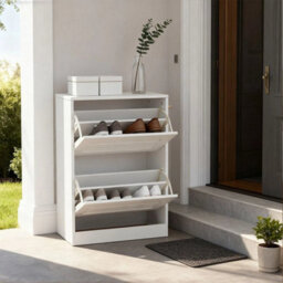 Wooden Shoe Cabinet With 2/3 Bamboo Flip Drawers And Backboard For Entryway New White 2 Doors Shoe Cabinet - thumbnail 3