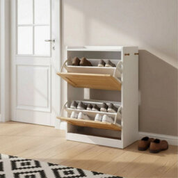 Wooden Shoe Cabinet With 2/3 Bamboo Flip Drawers And Backboard For Entryway New White 2 Doors Shoe Cabinet - thumbnail 4