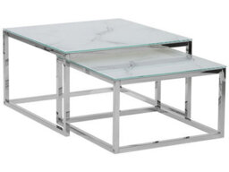 Beliani Nest Of 2 White Marble-Effect Tempered Glass Coffee Tables Silver Frame - thumbnail 1