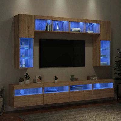 Walplus 8 Piece Tv Wall Cabinet Set With Led Lights Sonoma Oak - image 1