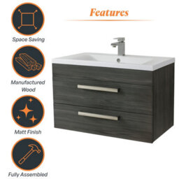 Plum&clay Novela Dark Wood Wall Hung Vanity Unit With Ceramic Basin Bathroom Furniture (W)800mm - thumbnail 7