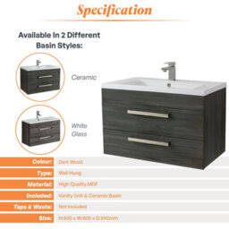 Plum&clay Novela Dark Wood Wall Hung Vanity Unit With Ceramic Basin Bathroom Furniture (W)800mm - thumbnail 6