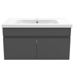 AVER-GROWTH 800mm Bathroom Vanity Unit With Ceramic Basin 2 Doors Wall Hung Matt Grey Bathroom Cabinet Storage Cupboard Furniture - thumbnail 2