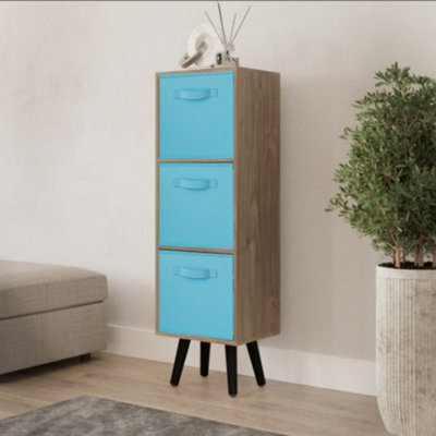 Urbn-Living Urbnliving 80Cm Height 3 Tier Oak Wooden Storage Bookcase Scandinavian Style Black Legs With Sky Blue Inserts