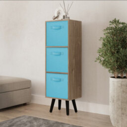 Urbn-Living Urbnliving 80Cm Height 3 Tier Oak Wooden Storage Bookcase Scandinavian Style Black Legs With Sky Blue Inserts