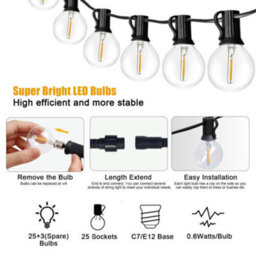 Extrastar 25 Led Festoon Lights Outdoor Garden String Lights 12M G40 Led Bulbs, Ip44 - thumbnail 2