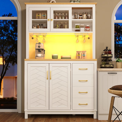 Btm Farmhouse Sideboard 105.5X40X180Cm, 4 Doors, Led Light Strip And Drink Holders, White - image 1