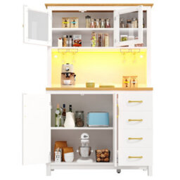 Btm Farmhouse Sideboard 105.5X40X180Cm, 4 Doors, Led Light Strip And Drink Holders, White - thumbnail 6
