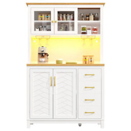 Btm Farmhouse Sideboard 105.5X40X180Cm, 4 Doors, Led Light Strip And Drink Holders, White - thumbnail 7