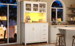 Btm Farmhouse Sideboard 105.5X40X180Cm, 4 Doors, Led Light Strip And Drink Holders, White - thumbnail 4