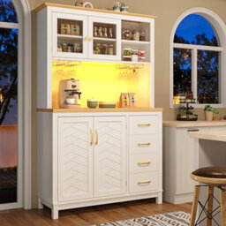 Btm Farmhouse Sideboard 105.5X40X180Cm, 4 Doors, Led Light Strip And Drink Holders, White - thumbnail 2