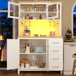 Btm Farmhouse Sideboard 105.5X40X180Cm, 4 Doors, Led Light Strip And Drink Holders, White - thumbnail 3