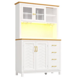 Btm Farmhouse Sideboard 105.5X40X180Cm, 4 Doors, Led Light Strip And Drink Holders, White - thumbnail 8