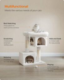 Songmics Cat Condo Tree Tower, L, Cat Tower For Big Cats, Perch For Large Cats, 2 Cat Caves, Scratching Post, Cream White - thumbnail 4