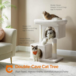 Cat Condo Tree Tower, L, Cat Tower For Big Cats, Perch For Large Cats, 2 Cat Caves, Scratching Post, Cream White