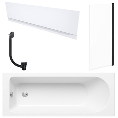 FNX Bathrooms White 1700 X 700 mm Single-Ended Bath With Waterproof Front Panel & Straight Black-Frame Bath Screen - image 1