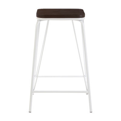 Orsina Sturdy And Reliable White Metal And Elm Wood Stool, Sleek Large Square Stool, Wooden Bar Stool For Home Bar - image 1