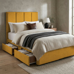 "Adore Designs Stafford Plush Velvet Divan Bed, 50"" Headboard - 6Ft Super King - Turmeric - 2 Drawers Same Side" - thumbnail 1