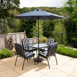 Primrose 6 Seater Metal Garden Furniture Set With Table Chairs Stools And Crank Parasol In Navy Blue - thumbnail 1